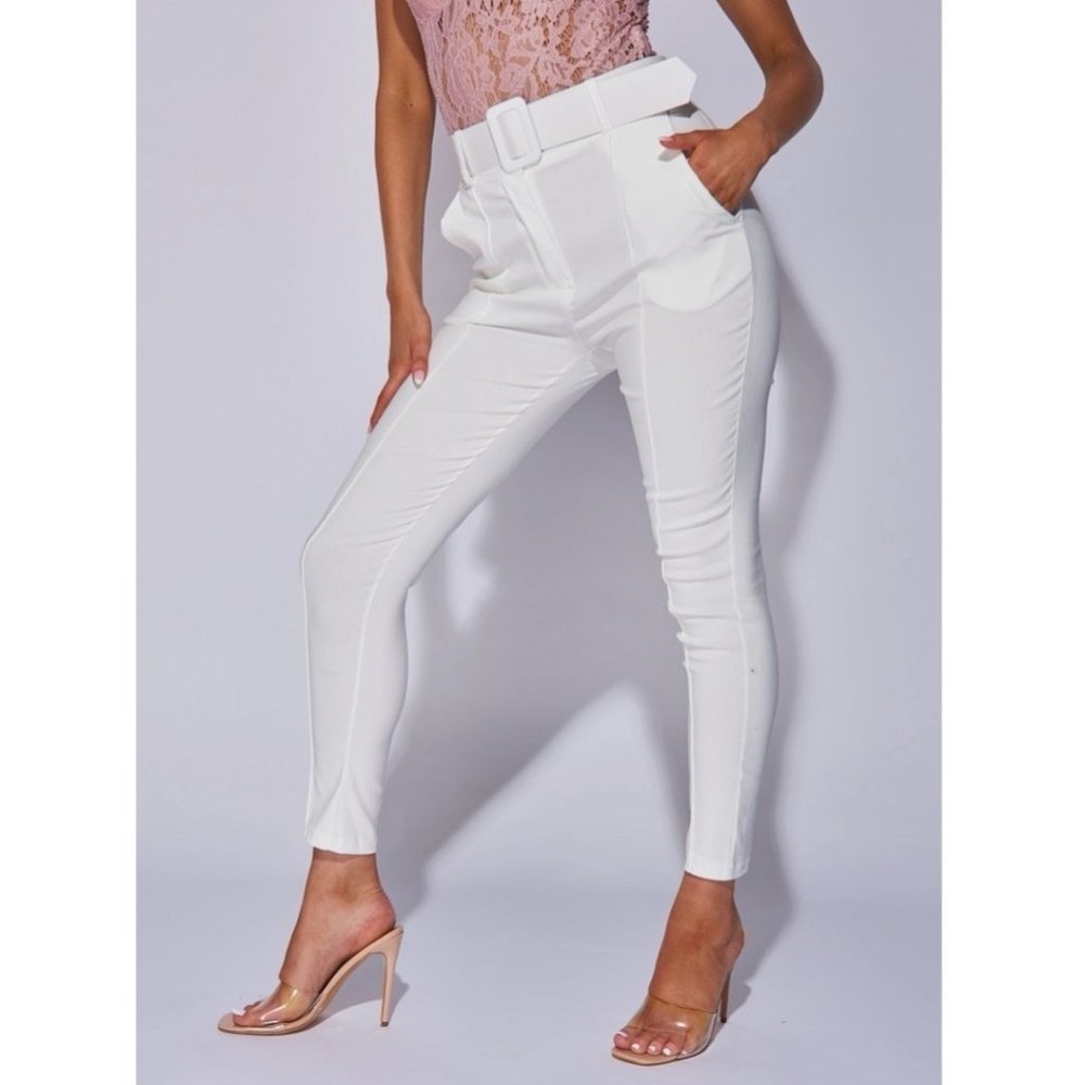 White High Waist Buckle Belt Tapered Cropped Straight Leg Ankle Pants - Picture 12 of 14